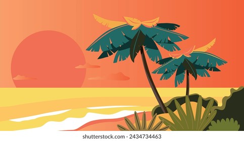 Costa oceánica, puesta de sol. Fondo de pantalla estético Lo fi. Paisaje de vector marino. Fondo de Lofi, vibraciones frías