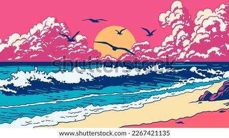 Ocean coast, sunset and seagulls. Retro marine vector landscape