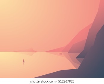 Ocean coast vector illustration with sea view and high rock cliffs. Sailboat or yacht on the water. Nature outdoor background. Eps10 vector illustration.