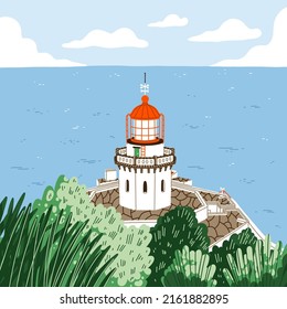 Ocean coast view with beautiful white lighthouse with red roof, cartoon travel sightseeing vector illustration, view point