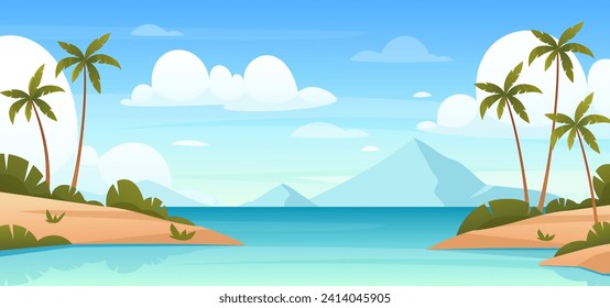 Ocean coastline. Vector illustration of summer beach, tropical ocean coastline with mountains, palm trees, island. Marine horizon landscape background. Seascape view. Summer holidays. Vacation place
