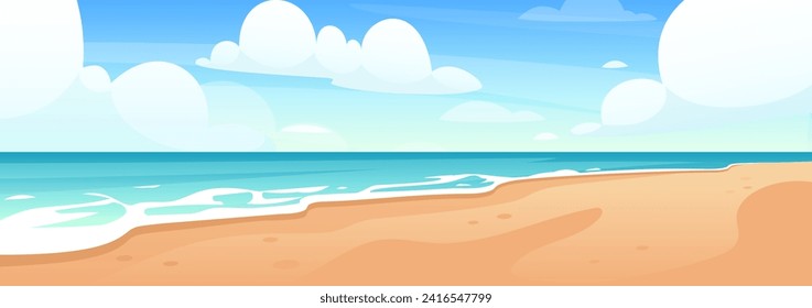 Costa oceánica. Ilustración vectorial de la playa de verano, costa tropical oceánica con hermoso cielo, playa de arena. Fondo horizontal marino. Vista de la costa. Vacaciones de verano. Lugar de vacaciones