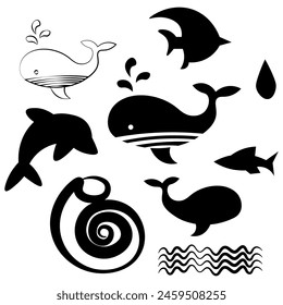 Ocean collection, fish, dolphin, shell, waves, whale, sea fish silhouettes vector illustration.