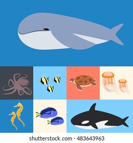 Ocean, ocean collection of fish. Flat vector illustration
