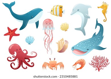 Ocean collection with whale, shark, crab, octopus, fish