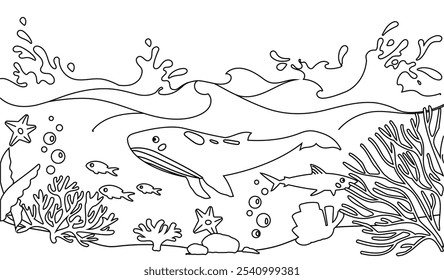 Ocean coloring page outline. Dolphin underwater. Sea or ocean. Aquatic animal. Coloring book for kids, development of childrens creative skills. Linear vector illustration isolated on white background