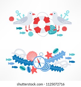 Ocean compositions with seaweed, compass, starfish, fish, shell, knot, seagull, lifebuoy, anchor. Perfect for summer greeting cards, holiday decoration