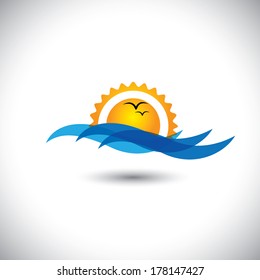 ocean concept vector - beautiful morning sunrise, waves & birds. This graphic illustration also represents sunset, evening sky with birds flying, serene landscape, tranquil waters, etc