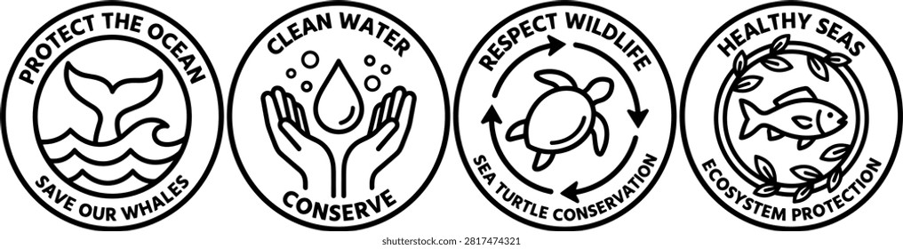 Ocean Conservation Badges Vector Set Featuring Round Ecology Emblems for Marine Life Preservation, Clean Water Activism, Environmental Protection, and Sustainability Campaigns.eps