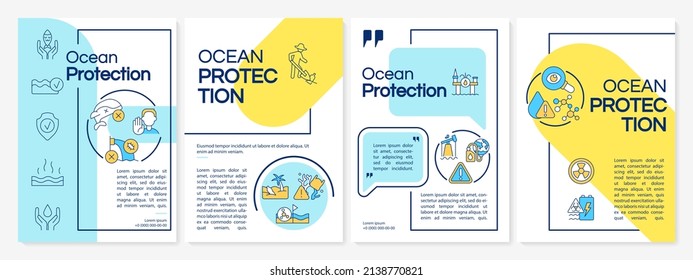 Ocean conservation blue and yellow brochure template. Protecting marine areas. Leaflet design with linear icons. 4 vector layouts for presentation, annual reports. Questrial, Lato-Regular fonts used