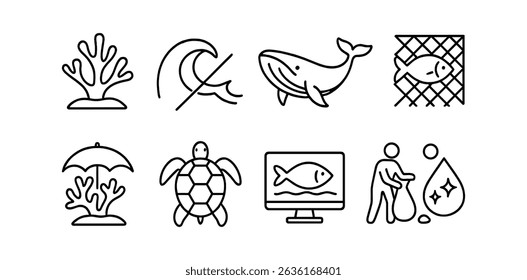 Ocean conservation icon set - outline, marine life,  sustainable symbols in black