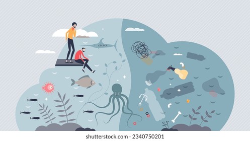 Ocean conservation and marine sea wildlife protection tiny person concept. Fish, coral or water mammal habitat saving with aquatic cleaning from plastic bags, bottles and garbage vector illustration.