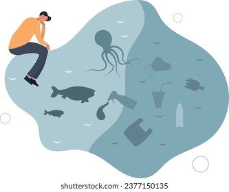 Ocean conservation and marine sea wildlife protection.Fish, coral or water mammal habitat saving with aquatic cleaning from plastic bags, bottles and garbage.flat vector illustration