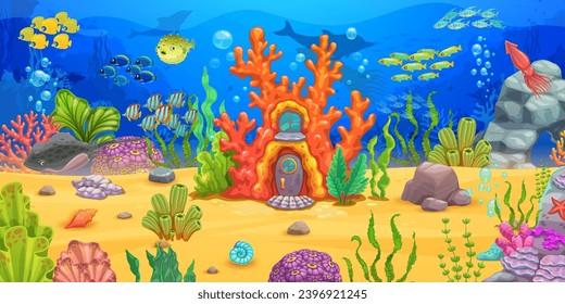 Ocean coral reef house and underwater landscape for game level map, vector cartoon stingray, fish shoal and seaweeds. Undersea house building in coral for underwater adventure game level background