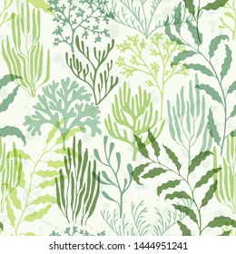 Ocean corals seamless pattern. Kelp laminaria seaweed algae background. Mediterranean staghorn and pillar corals bushes. Natural summer pattern. Underwater plants textile print vector design.