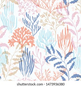 Ocean corals seamless pattern. Kelp laminaria seaweed algae background. Ocean bottom summer pattern. Tropical coral reef branch silhouette elements. Underwater plants fabric vector illustration.