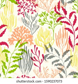 Ocean corals seamless pattern. Kelp laminaria seaweed algae background. Undersea reef flora pattern. Underwater plants textile print vector design. Australian staghorn and pillar corals branches.