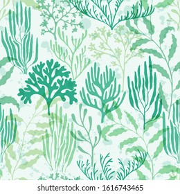 Ocean corals seamless pattern. Kelp laminaria seaweed algae background. Caribbean staghorn and pillar corals diversity. Underwater plants textile print vector design. Sea reef nature pattern.