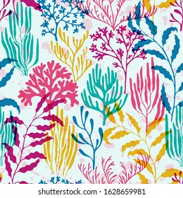 Ocean corals seamless pattern. Kelp laminaria seaweed algae background. Abstract Great Barrier Reef corals background. Aquarium water plants summer vector design. Exotic marine life pattern.