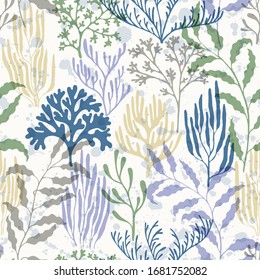 Ocean corals seamless pattern. Kelp laminaria seaweed algae background. Ocean depth undersea bottom coral reef flourish. Sea reef nature pattern. Underwater plants textile print vector design.