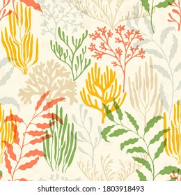 Ocean corals seamless pattern. Kelp laminaria seaweed algae background. Marine water plants wallpaper vector graphics. Red Sea coral reef branches and bushes cartoon. Sea reef nature pattern.
