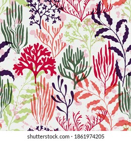 Ocean corals seamless pattern. Kelp laminaria seaweed algae background. Tropical coral reef bush silhouette elements. Undersea reef flora pattern. Marine water plants wallpaper vector graphics.