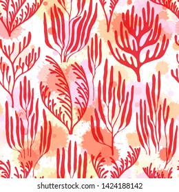 Ocean corals seamless pattern. Paint splashes drops watercolor background. Tropical coral reef branch silhouette elements. Ocean bottom summer pattern. Aquatic plants repeating vector background.