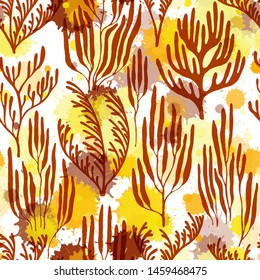 Ocean corals seamless pattern. Paint splashes drops watercolor background. Natural summer pattern. Aquarium water plants summer vector design. Mediterranean staghorn and pillar corals bushes.