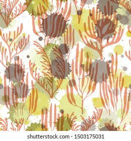 Ocean corals seamless pattern. Paint splashes drops watercolor background. Exotic marine life pattern. Underwater plants textile print vector design. Ocean depth undersea bottom coral reef flourish.