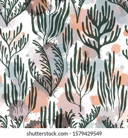Ocean corals seamless pattern. Paint splashes drops watercolor background. Exotic marine life pattern. Marine water plants wallpaper vector graphics. Tropical coral reef bush silhouette elements.