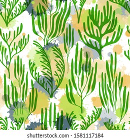 Ocean corals seamless pattern. Paint splashes drops watercolor background. Organic botanical pattern. Underwater plants textile print vector design. Abstract Great Barrier Reef corals background.