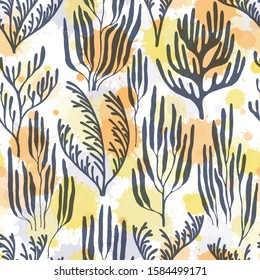 Ocean corals seamless pattern. Paint splashes drops watercolor background. Mediterranean staghorn and pillar corals bushes. Underwater plants fabric vector illustration. Ocean bottom summer pattern.