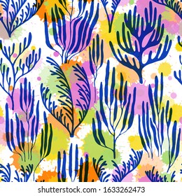 Ocean corals seamless pattern. Paint splashes drops watercolor background. Aquatic plants repeating vector background. Abstract Great Barrier Reef corals background. Ocean bottom summer pattern.