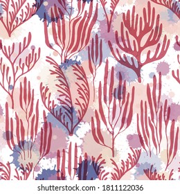 Ocean corals seamless pattern. Paint splashes drops watercolor background. Underwater plants fabric vector illustration. Tropical coral reef bush silhouette elements. Natural summer pattern.