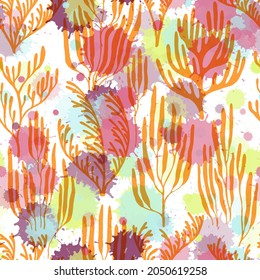 Ocean corals seamless pattern. Paint splashes drops watercolor background. Caribbean staghorn and pillar corals diversity. Organic botanical pattern. Underwater plants fabric vector illustration.