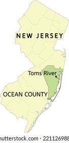 Ocean County and census-designated place of Toms River location on New Jersey state map