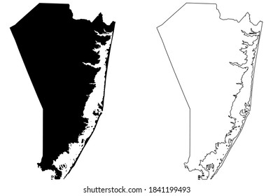 Condado de Ocean, Nueva Jersey (Condado de los Estados Unidos, Estados Unidos de América, Estados Unidos, EE.UU., EE.UU.) mapa de ilustración vectorial, dibujo garabato Mapa oceánico