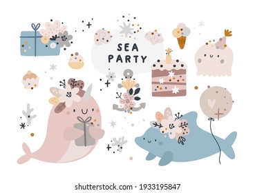 Ocean creatures. Cartoon Sea animals isolated on white background. Happy birthday vector cartoon clipart with festive design elements. Baby shower hand drawn illustration for kids. Under water world.