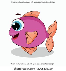 Ocean creatures icons cute fish species sketch cartoon design