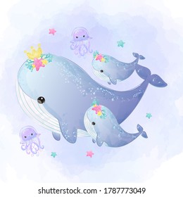 Ocean creatures illustration. Cute whales motherhood illustration in watercolor style. Adorable nursery art decoration. 