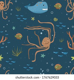 Ocean creatures seamless pattern vector illustration. Octopus, whale, fishes, corals on a dark blue background. Wrapping papper or textile marine design. Set of underwater cute characters. KIds theme.