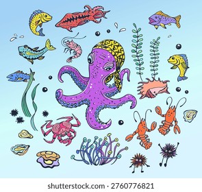 Ocean creatures set including octopus, crawfish, shrimp, squid, crab, seashell, oyster, urchin, mollusk, fish, coral, sea plants, water bubbles 