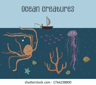 Ocean creatures vector illustration. Octopus, jellyfish, fishes, shells, seastar and corals. Man on boat fishing in the sea. Underwater world concept. Marine animals at a depth. Nature and wildlife. 