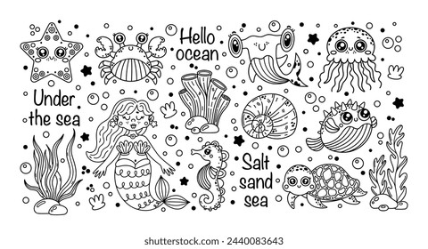 Ocean creatures vector set. Funny baby shark, starfish, happy crab, turtle, jellyfish, seahorse. Cute mermaid among shells, algae, bubbles, corals. Doodle sea animals, black and white coloring book