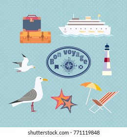 Ocean cruise travel icon set. Have nice trip - Bon Voyage in French. Fancy colorful cartoon seaside symbols. Vintage marine tour advertisement banner background. Vector seashore retro illustration