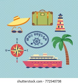 Ocean cruise travel icon set. Have nice trip - Bon Voyage in French. Fancy colorful cartoon seaside symbols. Vintage marine tour advertisement banner background. Vector seashore retro illustration