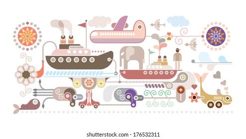 Ocean Cruise - vector illustration on white background. Pleasant journey, Fantastic travel. Underwater wildlife.