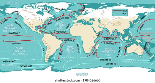 The ocean current world map with names illustration