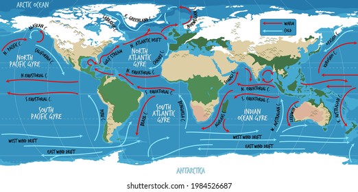 The ocean current world map with names illustration