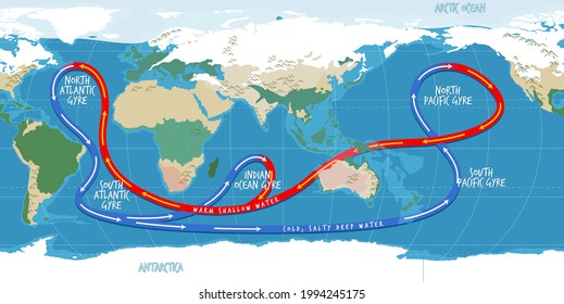 The ocean current world map with names illustration